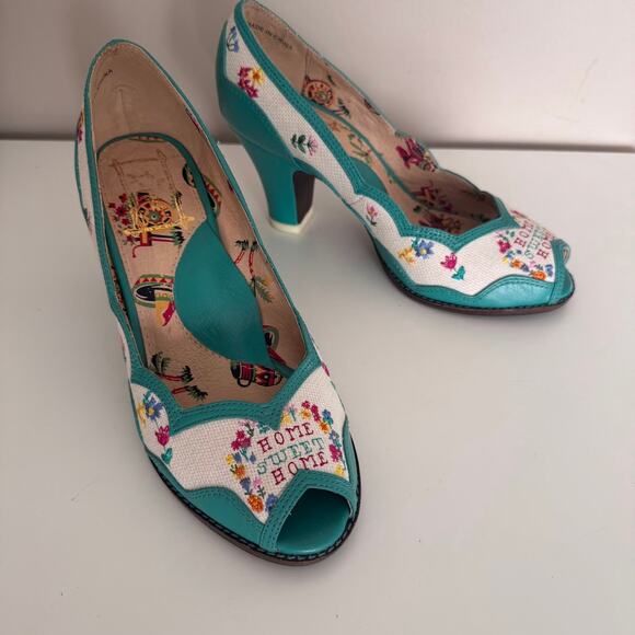 Miss L Fire Home Sweet Home Peep Toe Heels Retro Needlepoint Size EU 36 US 6 - Picture 1 of 12